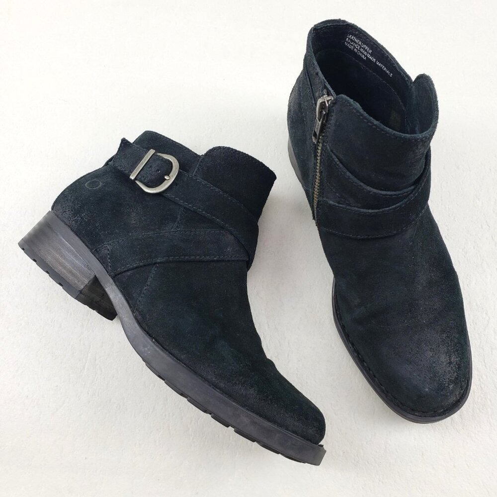 Born Trinculo Moto Ankle Boot Womens 7 Black Suede Distressed Side Zip Buckle